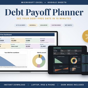 May include: A digital debt payoff planner for Microsoft Excel and Google Sheets featuring a debt-free dashboard with charts, a countdown graph, and a pie chart. The display shows light and dark mode options on a laptop, tablet, and smartphone screen.