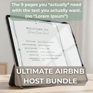 May include: A digital tablet showing an Airbnb welcome message, including WiFi details and house rules. The text "ULTIMATE AIRBNB HOST BUNDLE" is displayed on the screen. The tablet is propped up.