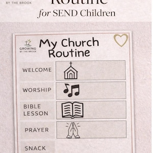 May include: A visual church routine chart for children, featuring the text "Visual Church Routine for SEND Children" and "My Church Routine." The chart includes sections for Welcome, Worship, Bible Lesson, Prayer, Snack, and Craft.