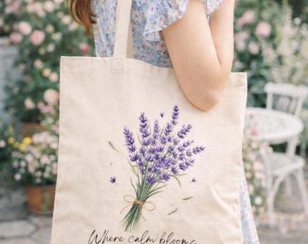 Lavender Cotton Canvas Tote Bag   Romantic Floral  Bag