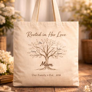 Personalized Family Tree Tote Bag for Mom – Custom Canvas Grocery Bag