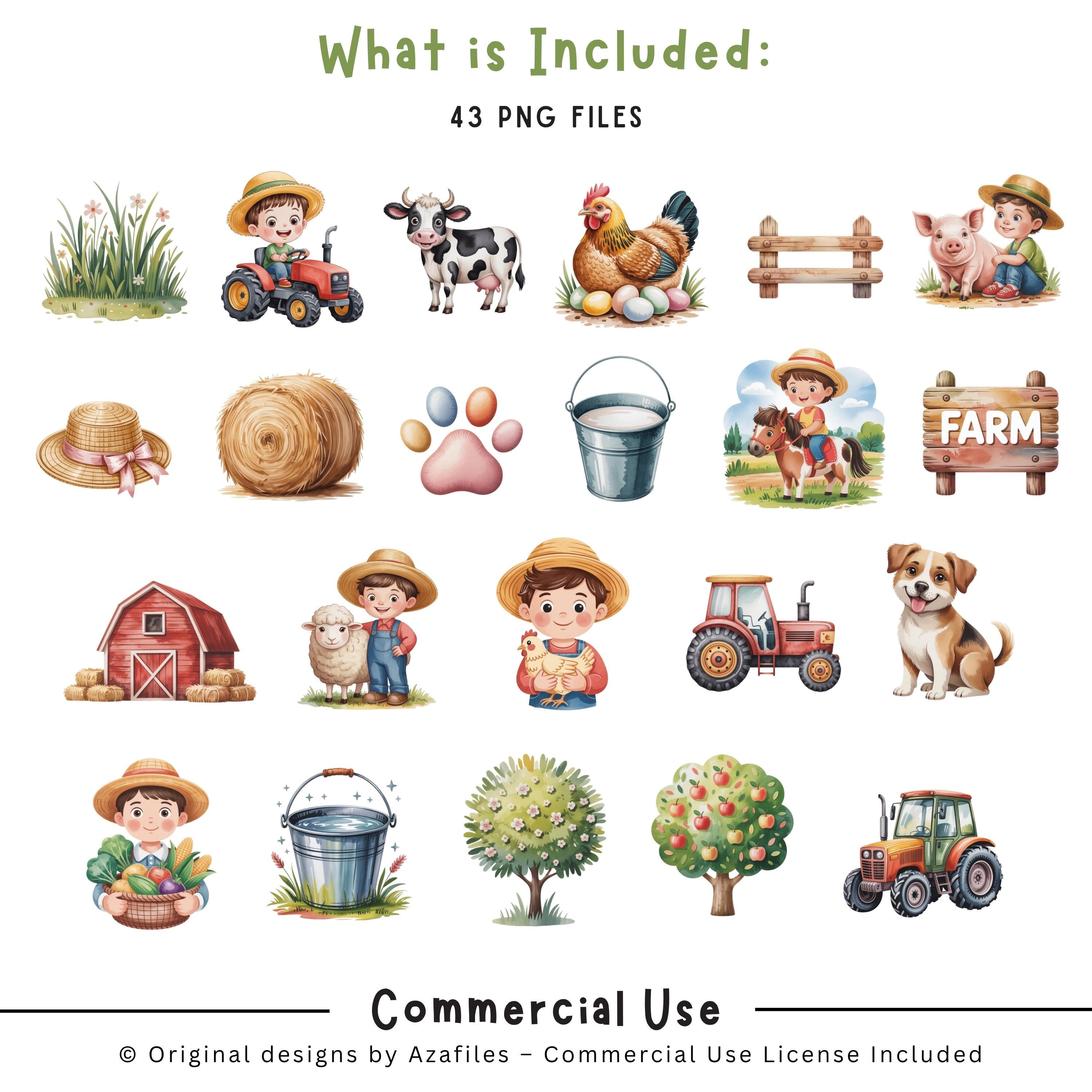 Kids Farm Clipart Bundle, Watercolor Farm Life PNG, Cute Animals ...