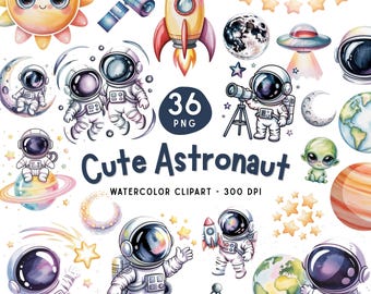 Cute Astronaut PNG Bundle, Space Clipart, Rocket Planets Moon Stars Alien, Kids Watercolor Space