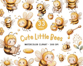 Cute Little Bees Watercolor Clipart, Kawaii Bee PNG, Watercolor Bees Kids Sublimation
