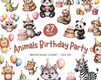 Animals Birthday Party Clipart Bundle, Cute Animals PNG, Balloons Cake Gifts, Kids Party Watercolor