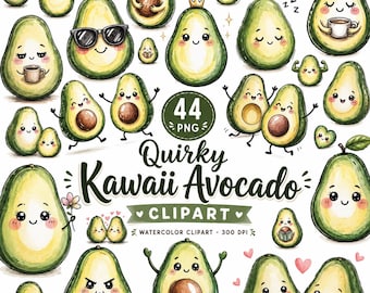Kawaii Avocado Clipart PNG Bundle, Cute Watercolor Avocado Characters, Funny Avocado Sublimation