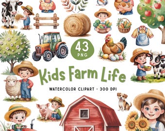 Kids Farm Clipart Bundle, Watercolor Farm Life PNG, Cute Animals Clipart