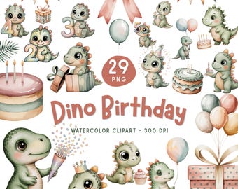 Dino Birthday Clipart Bundle, Dinosaur Party PNG, Kids Birthday Watercolor Set (Digital Download)