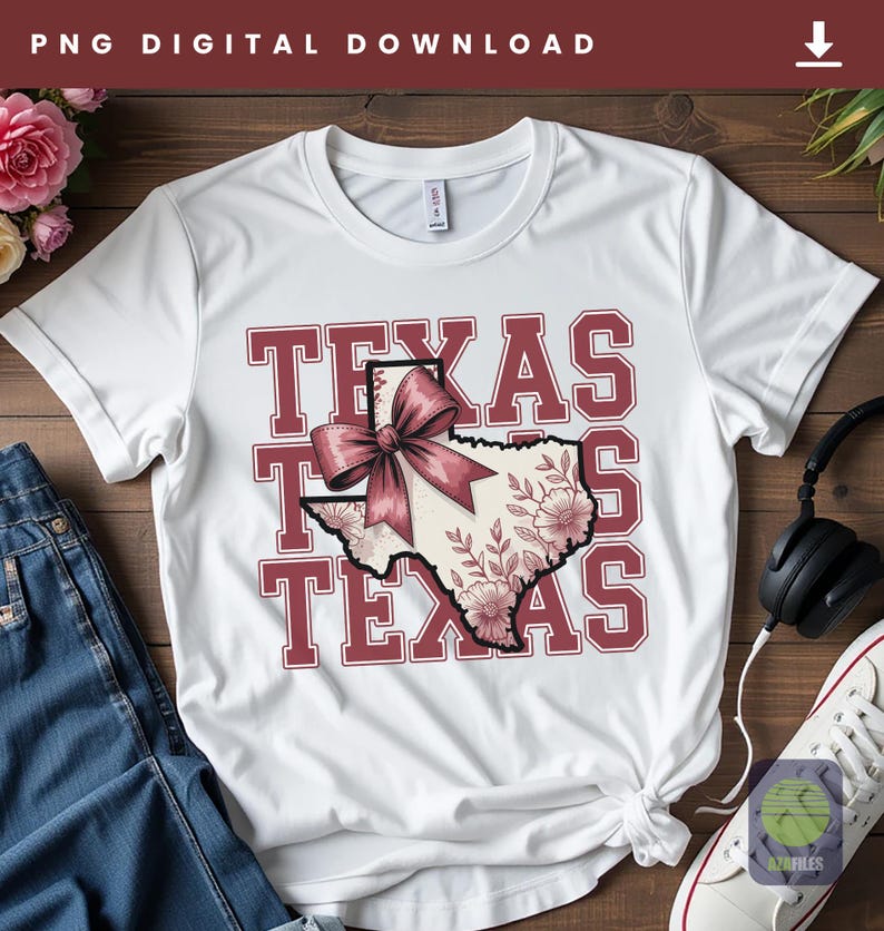 May include: White t-shirt with a maroon graphic that says "TEXAS" three times. The graphic includes a map of Texas with a pink bow and floral design. The words "PNG DIGITAL DOWNLOAD" are at the top.
