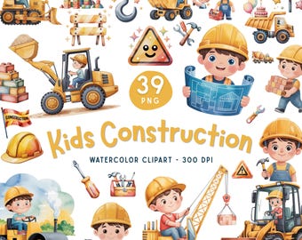 Kids Construction Watercolor Clipart Bundle, Vehicles, Workers (Digital Download)