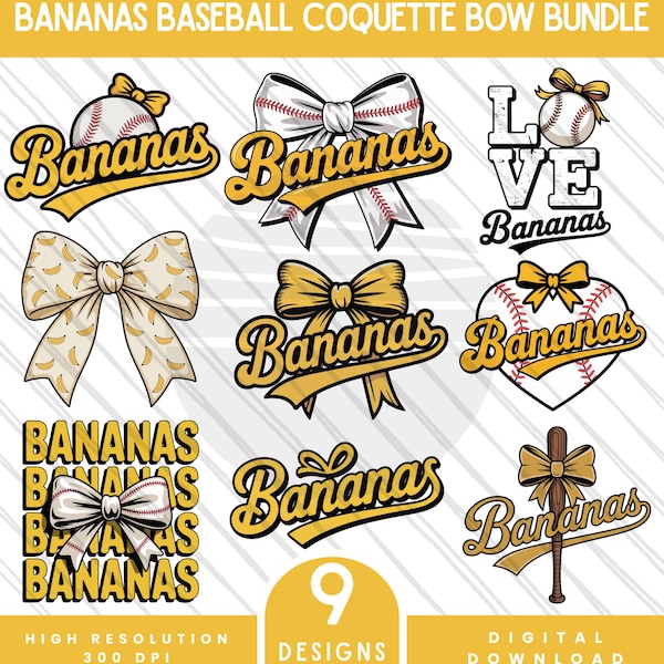 Bananas Baseball Coquette Bow PNG Bundle, Let's Go Bananas, Digital Download