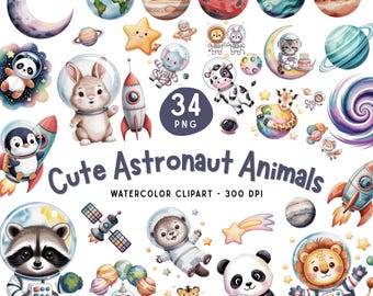 Cute Astronaut Animals PNG Bundle, Space Animals Clipart, Watercolor Kids Sublimation Design