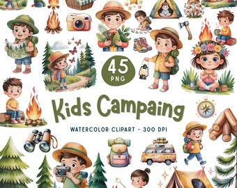 Kids Camping Watercolor Clipart PNG Bundle, Cute Camping Kids, Forest Adventure Clipart (Digital Download)