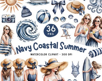 Navy Coastal Summer PNG Bundle, Beach Clipart, Ocean Wave Anchor Sailboat, Summer Girls Watercolor Set