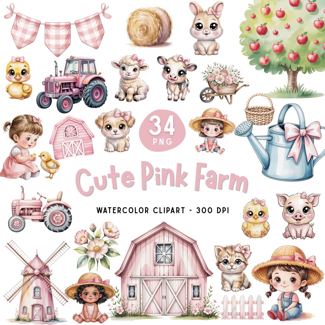 Pink Farm Animals Clipart Bundle, Baby Animals Clipart, Watercolor ...