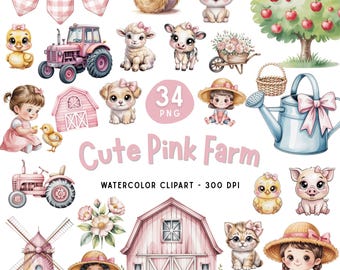 Pink Farm Animals Clipart Bundle, Baby Animals Clipart, Watercolor Nursery Art