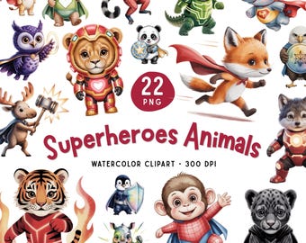 Superhero Animals Clipart Bundle, Watercolor Kids Hero PNG, Superhero Cliparts (Digital Download)