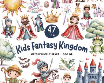 Little Kingdom Clipart Bundle, Princess Castle Clipart, Dragon Unicorn Wizard Knight, Fairytale Kids Watercolor
