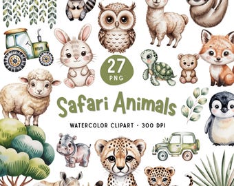 Safari Animals Watercolor Clipart Bundle, Jungle Kids Graphics (Digital Download)