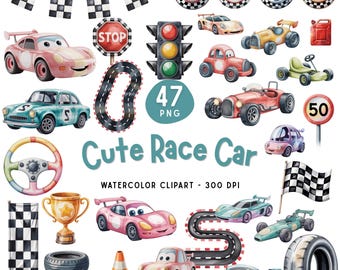 Watercolor Race Car Clipart Bundle, Kids Racing Graphics, Baby Shower Clipart (Digital Download)