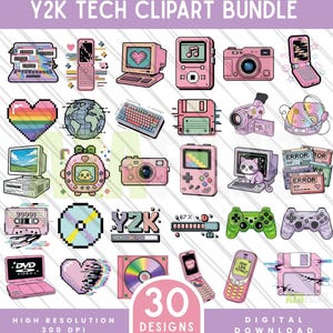 Op de afbeelding: Een verzameling van 30 Y2K tech clipart ontwerpen in roze en paars. Bevat pixelachtige afbeeldingen van een laptop, mobiele telefoons, een camera, een diskette, een cd en een gameconsole. Tekst bevat "Y2K TECH CLIPART BUNDLE", "30 DESIGNS" en "HIGH RESOLUTION 300 DPI".