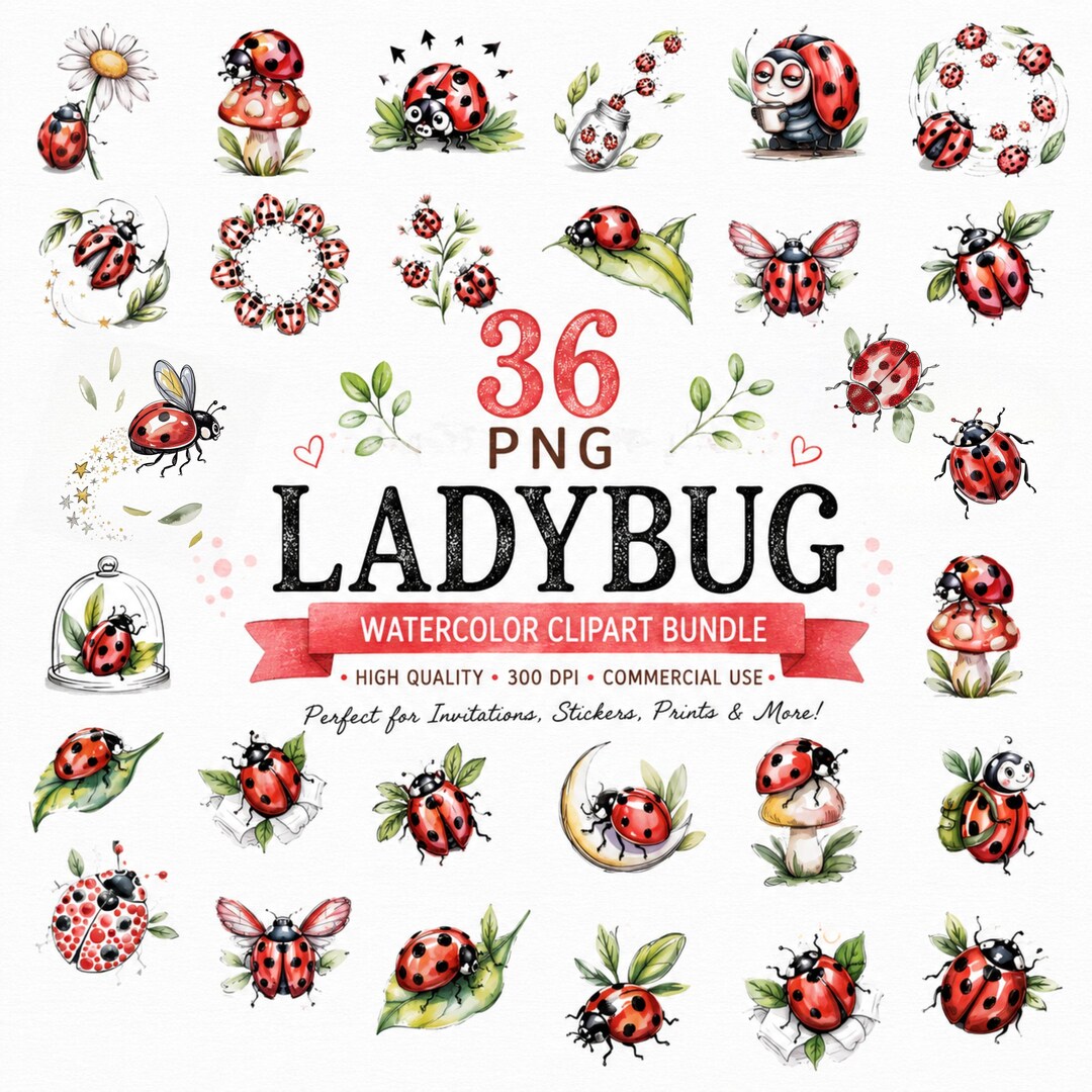 Ladybug PNG Clipart Bundle | Whimsical Watercolor Nature Designs - Etsy