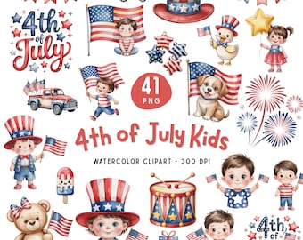 4th of July Kids Watercolor Clipart Bundle, Patriotic Kids Clipart (Digital Download)