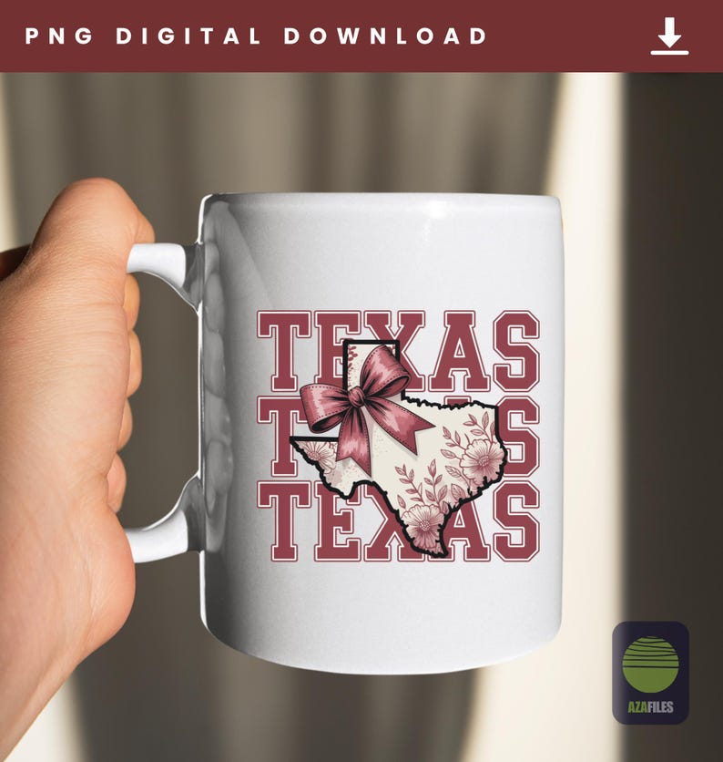May include: White ceramic mug featuring the word "TEXAS" in maroon block letters. The state of Texas is illustrated in the center, adorned with floral designs and a maroon bow. The mug is held by a hand.