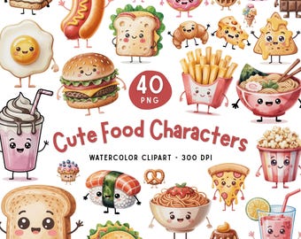 Paquete de imágenes PNG de personajes de comida adorables, imágenes prediseñadas de comida kawaii en acuarela, hamburguesa, papas fritas, pizza, donut y sushi.