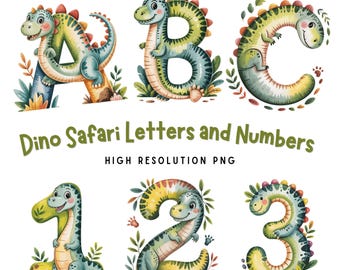Dino Alphabet PNG Bundle, Watercolor Dinosaur Alphabet Clipart, Dinosaur Letters Numbers, Safari Dino ABC 123