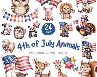 4th of July Animals Clipart PNG, Patriotic Animal Watercolor Bundle, USA Independence Day Cute Animals Sublimation Design