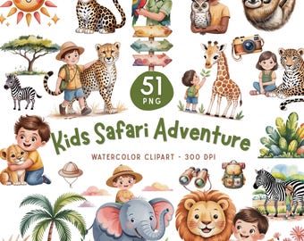 Kids Safari Adventure Clipart Bundle, Jungle Animals PNG, Cute Safari Kids, Watercolor Animals, Lion Elephant Giraffe Set