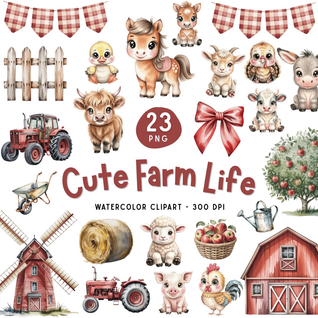 Cute Farm Life Watercolor Clipart, Farm Animals PNG, Baby Cow Pig ...