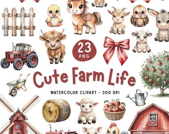 Cute Farm Life Watercolor Clipart, Farm Animals PNG, Baby Cow Pig Chicken, Barn Tractor (Digital Download)