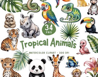 Watercolor Tropical Animals Clipart Bundle, Cute Animals PNG, Safari Nursery (Digital Download)