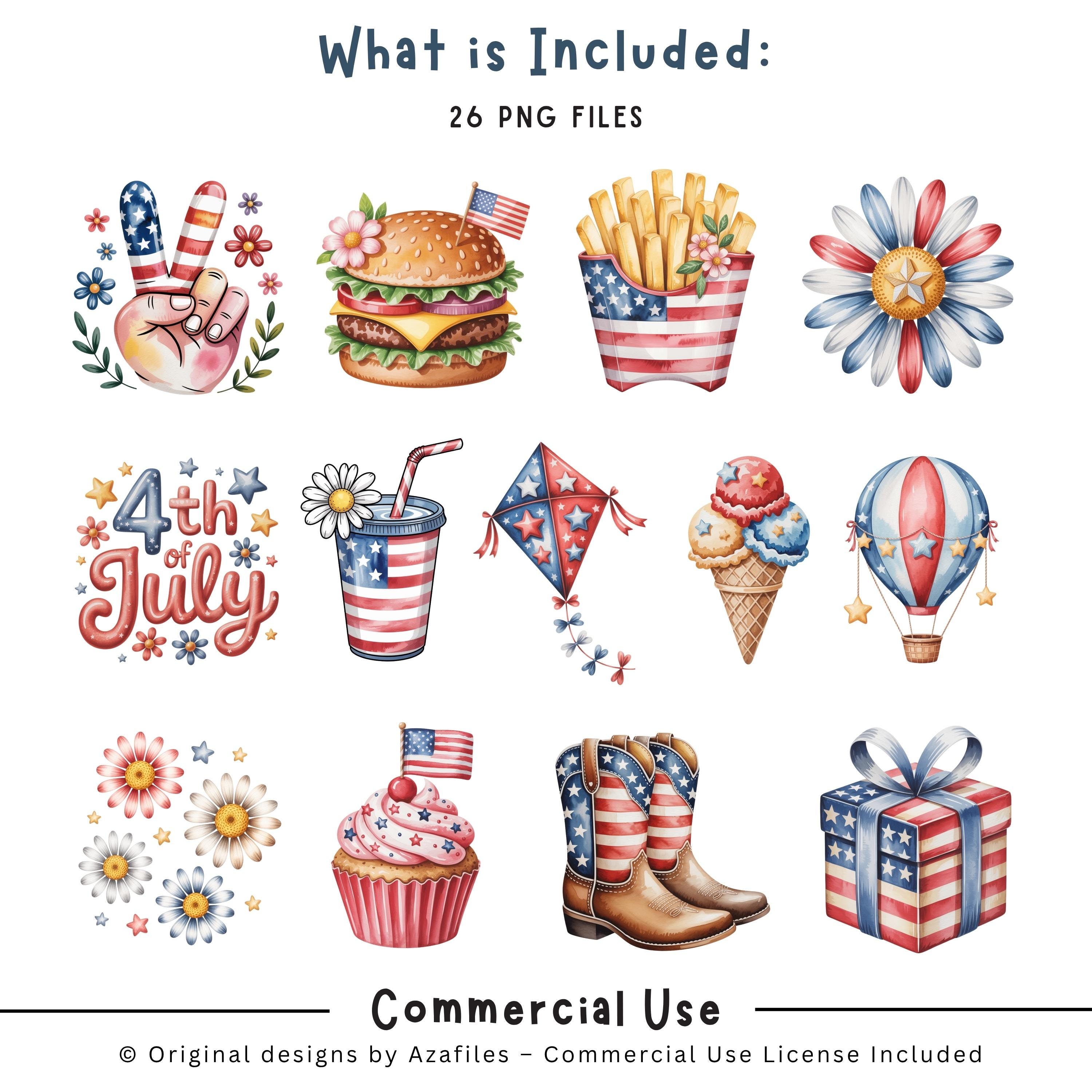 Patriotic 4th of July Clipart Bundle PNG, Watercolor Independence Day ...