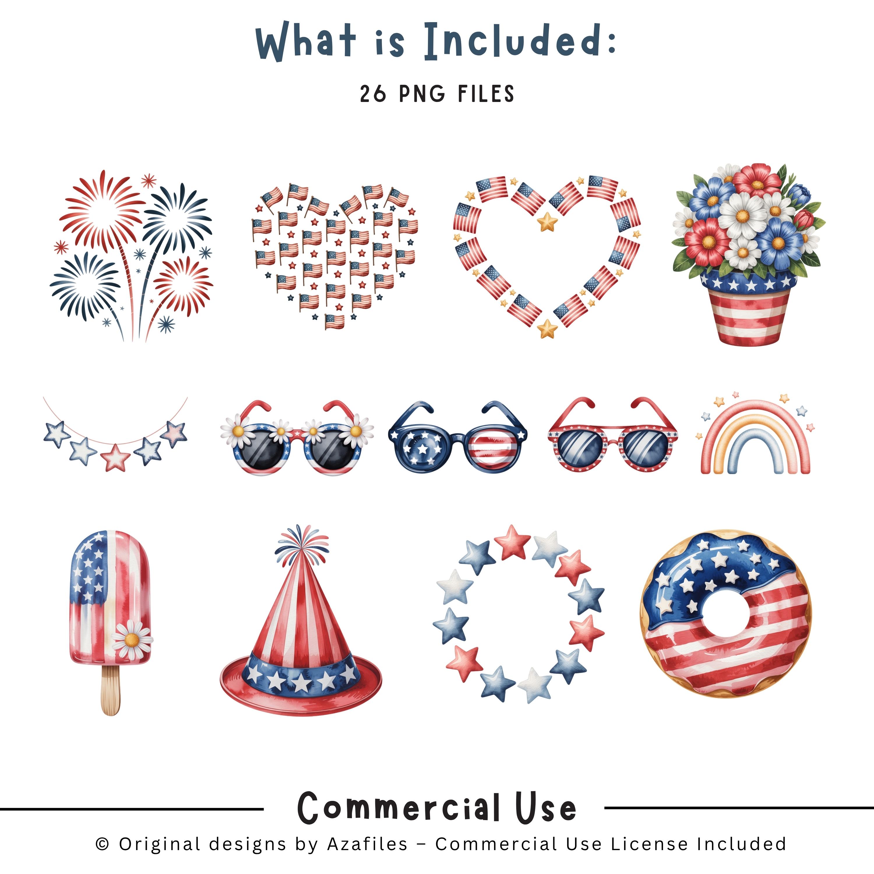 Patriotic 4th of July Clipart Bundle PNG, Watercolor Independence Day ...
