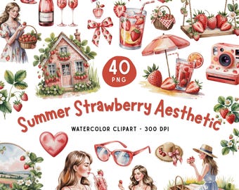Watercolor Strawberry Clipart Bundle, Summer Watercolor PNG, Coquette Picnic (Digital Download)