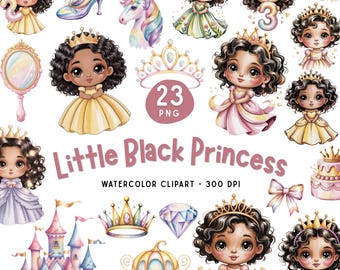 Little Black Princess Clipart PNG Bundle, African Princess Watercolor, Cute Girl Princess Sublimation