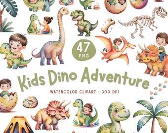 Kids Dinosaur Adventure Clipart Bundle, Dino Clipart, Watercolor Dinosaurs Kids PNG, Baby Shower, Nursery Decor, Dino Birthday Party