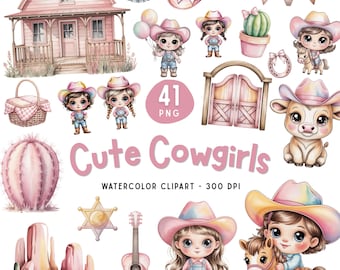 Cute Cowgirls PNG Bundle, Watercolor Western Cowgirl Clipart, Horse Cactus Barn (Digital Download)