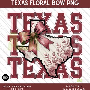 Texas floral bow PNG design, Texas state outline with vintage flowers and western bow, sublimation graphic, country aesthetic digital download