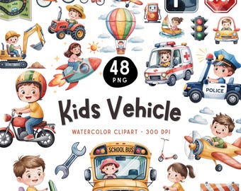 Kids Vehicles Clipart Bundle, Watercolor Transport PNG, Cars Planes Bikes Graphics