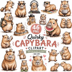 May include: A collection of 46 whimsical watercolor clipart images featuring capybaras in various poses. Some capybaras wear sunglasses, headphones, and hats, while others hold a laptop, watermelon, and ice cream. The text "Quirky Capybara Clipart" is also included.