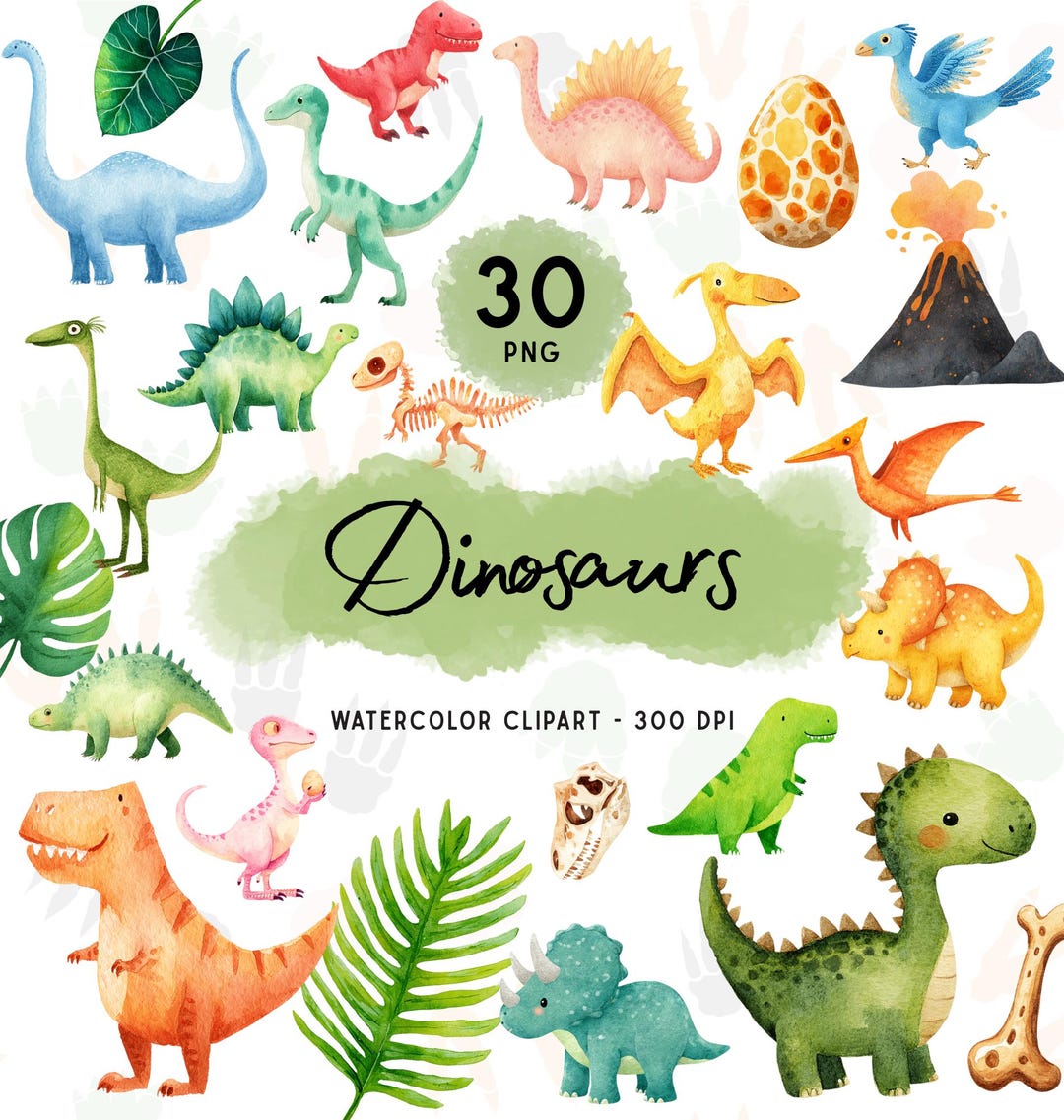 Watercolor Baby Dinosaur PNG Bundle, Cute Dino Clipart, Volcano, Palm ...