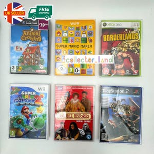 Puede incluir: Colección de carátulas de videojuegos, incluyendo títulos como "Animal Crossing" para GameCube, "Super Mario Maker" para Wii U y "Borderlands" para Xbox 360. Otros juegos incluyen "Super Mario Galaxy 2" y "Monster Hunter".