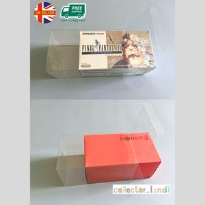 May include: Clear plastic display cases holding video game boxes. One case contains a "Final Fantasy IV Advance" box, and the other holds a red "Mother 3" box. The cases are designed to protect and showcase the game boxes.