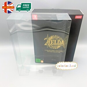 Op de afbeelding: Een zwarte en gouden collector's edition videospeldoos in een transparante plastic behuizing. De tekst "The Legend of Zelda: Tears of the Kingdom" is zichtbaar. Een Nintendo-logo is ook zichtbaar.