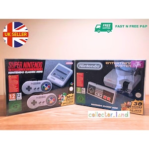 May include: Two retro video game console boxes. The Super Nintendo box features a console and controllers, with the text "SUPER NINTENDO ENTERTAINMENT SYSTEM NINTENDO CLASSIC MINI". The other box is a Nintendo Classic Mini with the text "ENTERTAINMENT SYSTEM".