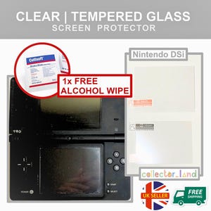 May include: A black Nintendo DSi console with a screen protector and a free alcohol wipe. The screen protector is clear tempered glass. The text on the image says "CLEAR | TEMPERED GLASS SCREEN PROTECTOR".